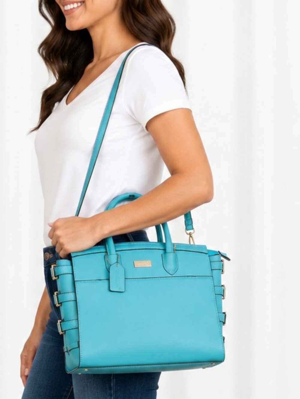 👜 NWOT DASEN Turquoise Teal Satchel Tote Handbag Shoulder Bag Buckle Detail